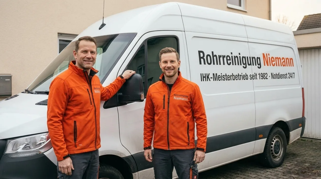 Thomas und Christian Niemann vor dem Einsatzwagen — Rohrreinigung Niemann, Meisterbetrieb seit 1982